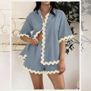 Zesica Cotton Pajama Shirt & Shorts Set with Ric Rac Trim